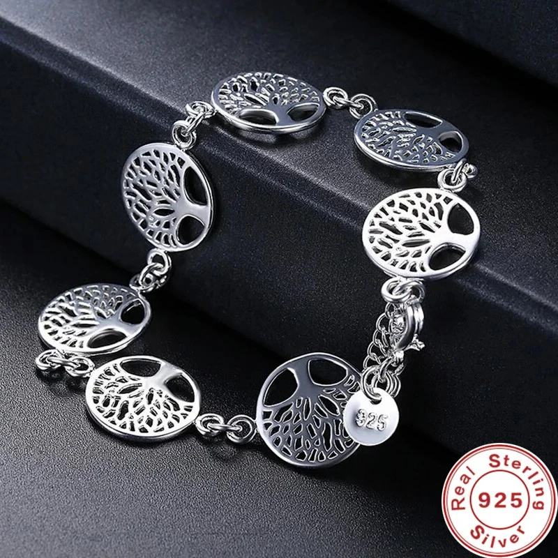 Nueva pulsera de plata de ley 925, pulsera de árbol de la vida para mujer, regalos de joyería de compromiso