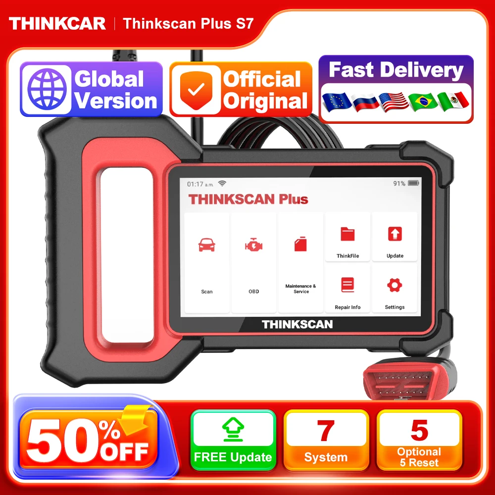THINKCAR-THINKSCAN PLUS S4 S7 ABS SRS ECM System herramientas de diagnóstico de coche OBD2, escáner automático OBD 2, lector de código Coder, actualización gratuita