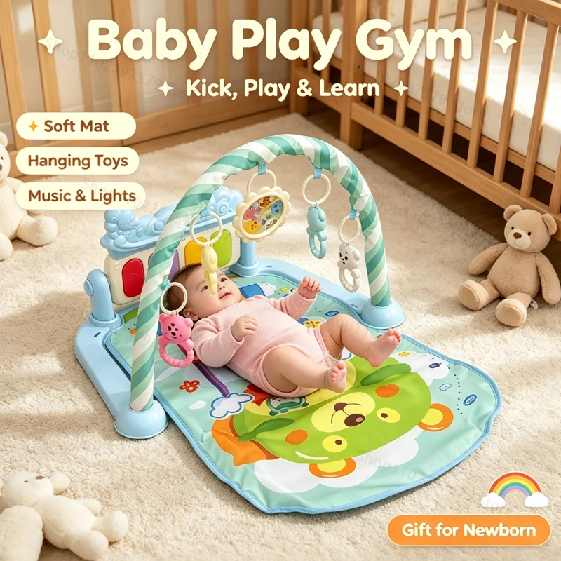 Gimnasio de actividades con piano de pedales para bebés, alfombra de juego para gatear, sonajeros colgantes, juguete educativo temprano para bebés recién nacidos de 0 a 36 meses.
