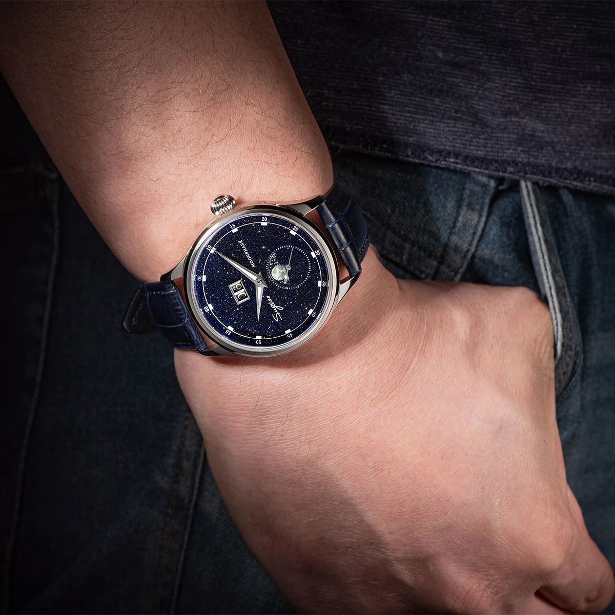 Reloj Sugess Moonphase para hombre, relojes de pulsera mecánicos automáticos de 40mm, movimiento de origen ST2528, esferas de arenisca azul de acero inoxidable