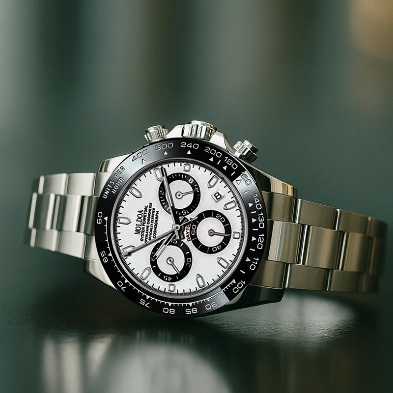 Reloj de cuarzo multifuncional moderno de acero inoxidable plateado para hombre con pantalla de puntos y líneas