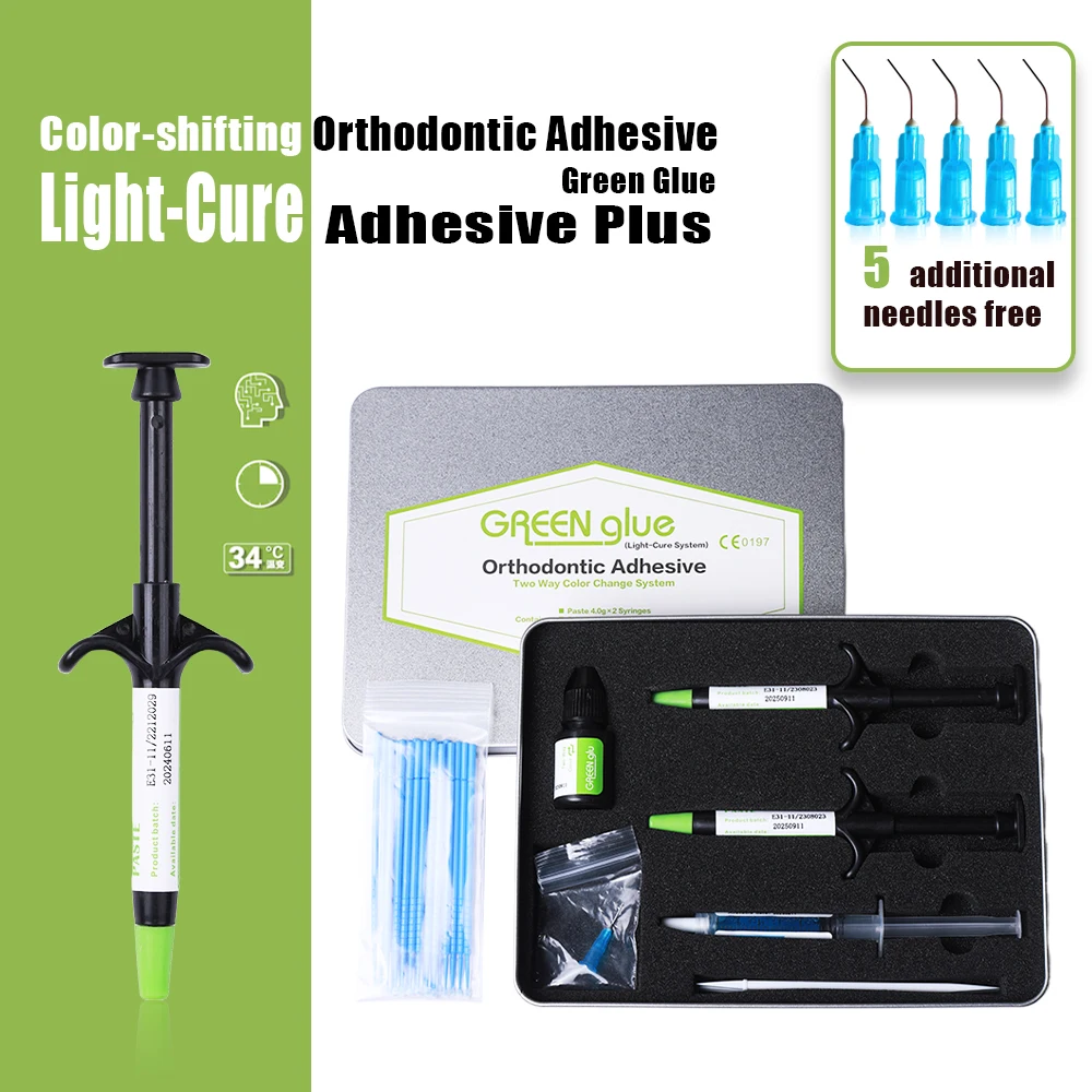Aparatos dentales adhesivos de pegamento verde ortodoncia Universal curado ligero para tubo de soporte decoración de cristal Kit de tirantes de pegamento para dientes Wit