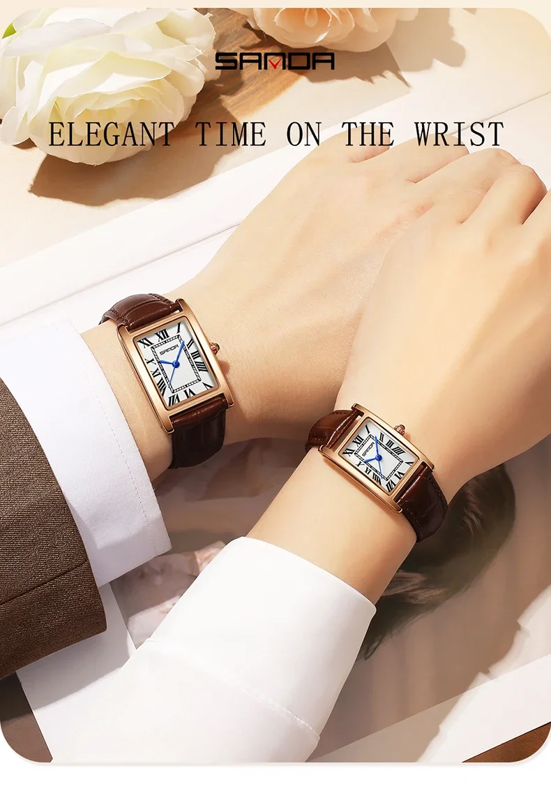 Reloj SANDA de lujo para parejas, correa de cuero resistente al desgaste, esfera cuadrada, resistente al agua, deportivo, informal, relojes de cuarzo para hombres y mujeres