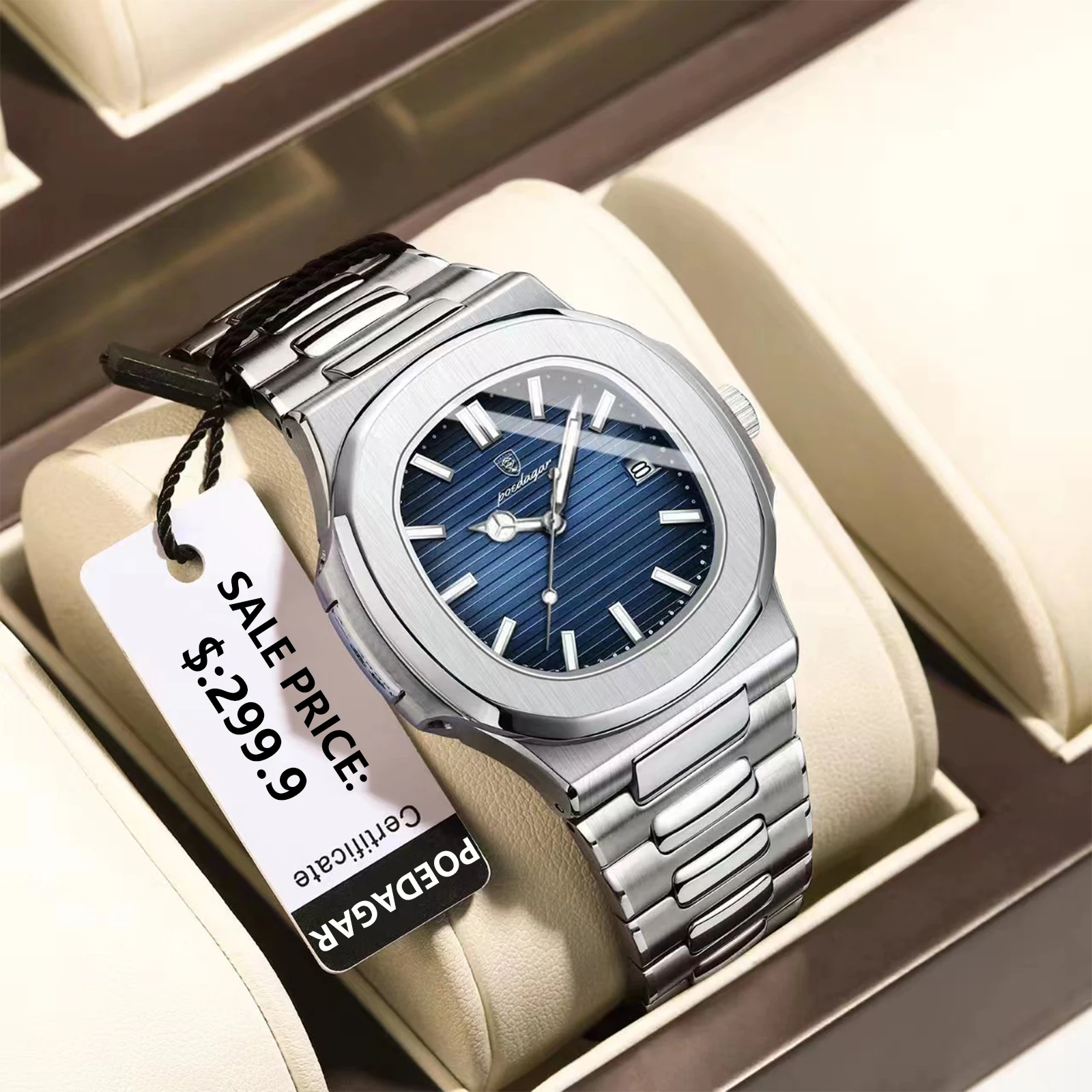 Reloj de pulsera POEDAGAR de cuarzo de marca de lujo para hombre, reloj de pulsera de acero inoxidable resistente al agua con fecha luminosa, relojes de negocios cuadrados para hombre