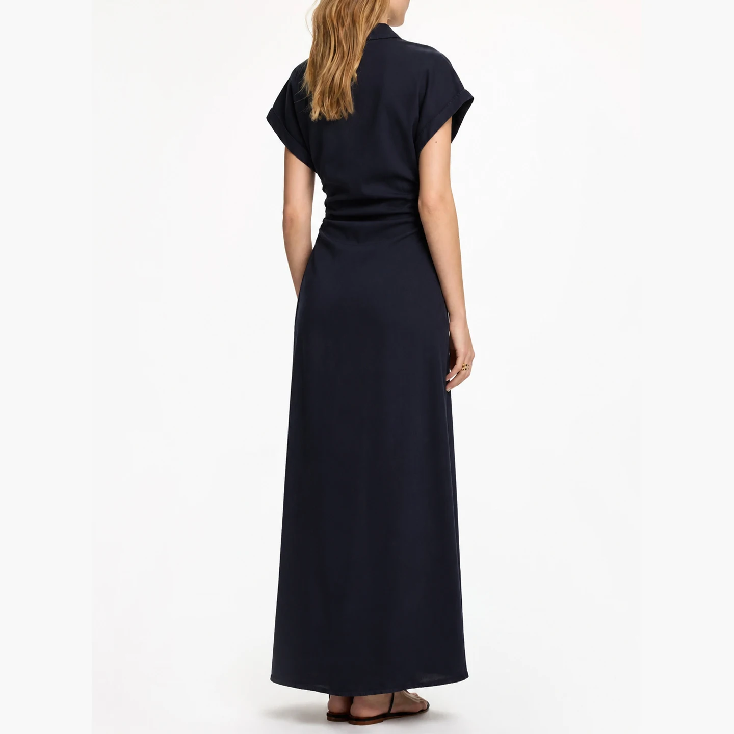 Vestido Midi de Mezclilla de Color Sólido con Letras CH Bordadas, Manga Corta, Cuello Solapa, Cintura Fruncida, Estilo Casual Elegante para Oficina