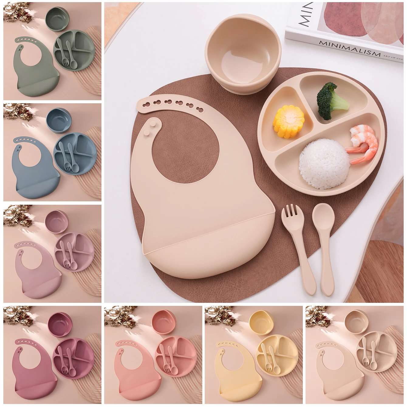 Color niños 5 uds juego de alimentación de bebé de silicona platos de succión plato sin BPA tazón con ventosa babero cuchara tenedor vajilla de entrenamiento juego de regalo