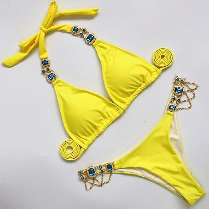 Bikini con cadenas de Metal y diamantes de imitación para mujer, traje de baño femenino, conjunto de Bikini de dos piezas, traje de baño brasileño