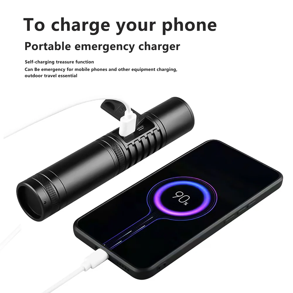 Foco de alta potencia, linterna LED de largo alcance con carga tipo C, linterna táctica de aleación de aluminio con zoom para exteriores