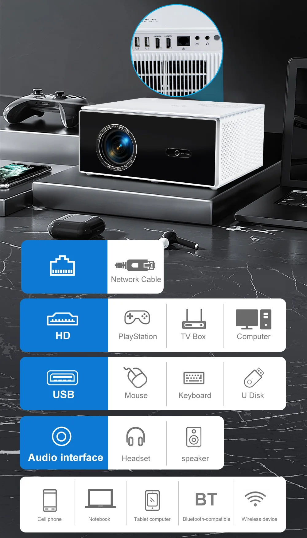 Proyector ThundeaL 2K 4K Full HD 1080P TDA7W 32G Android WiFi para Cine en Casa, Proyector TDA7 para Reuniones al Aire Libre, Video 3D y Películas