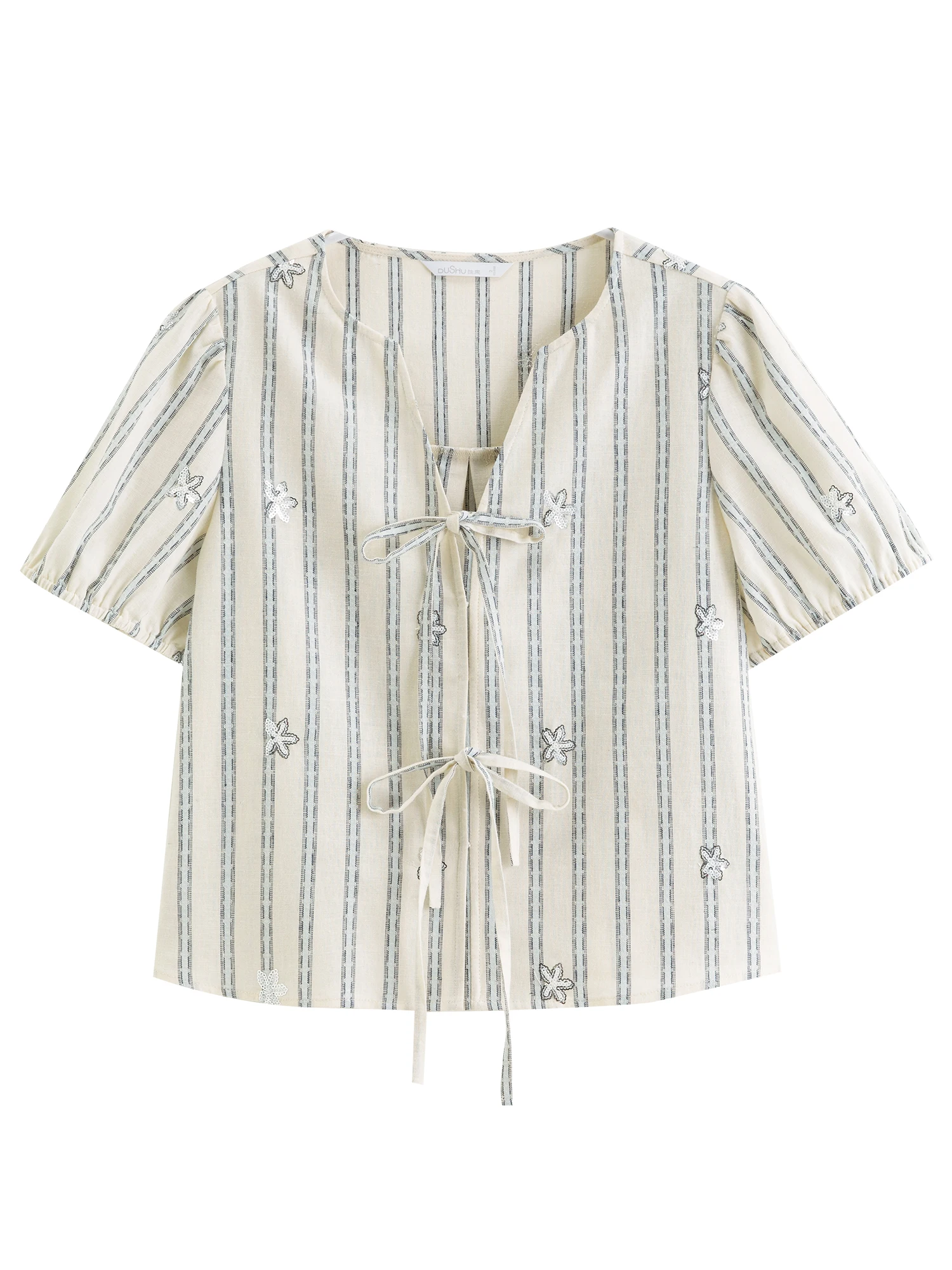 DUSHU 2026 Nueva Blusa de Verano para Mujer con Cuello en V y Rayas, Top de Lino y Algodón con Cuentas para un Estilo Coqueta y Relajado Diario