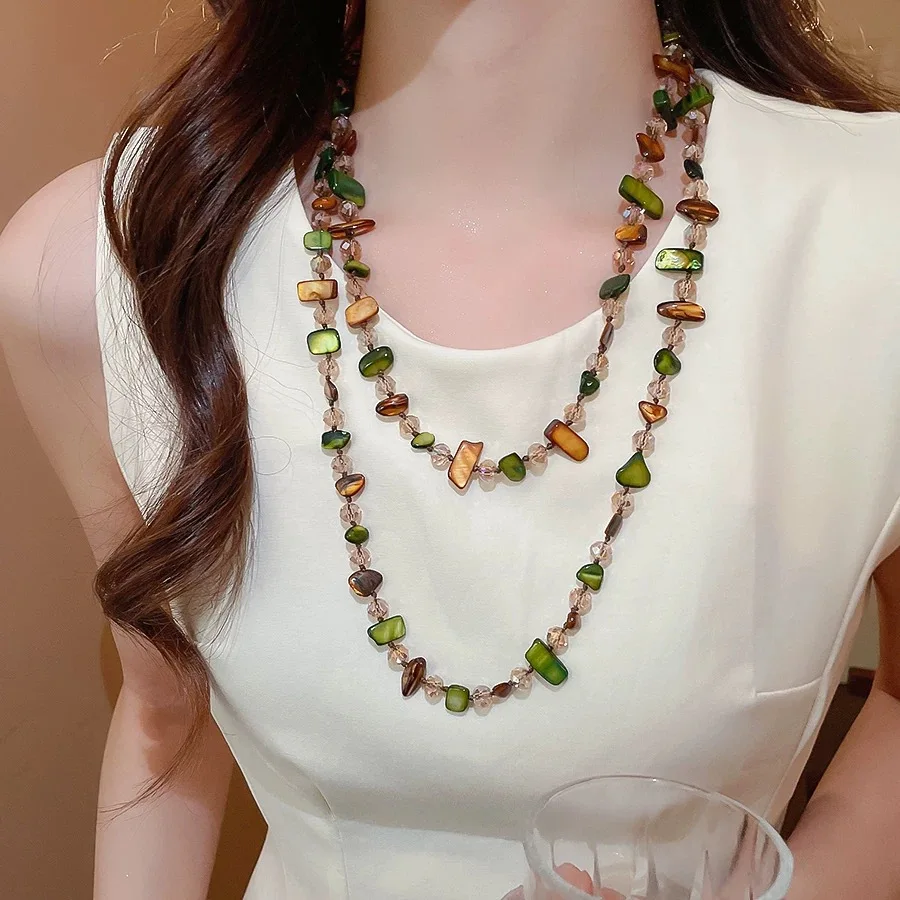 Collar de Doble Capa con Cuentas de Conchas Multicolores Estilo Bohemio Vintage ZAKOL, Collar Largo Moderno para Vacaciones