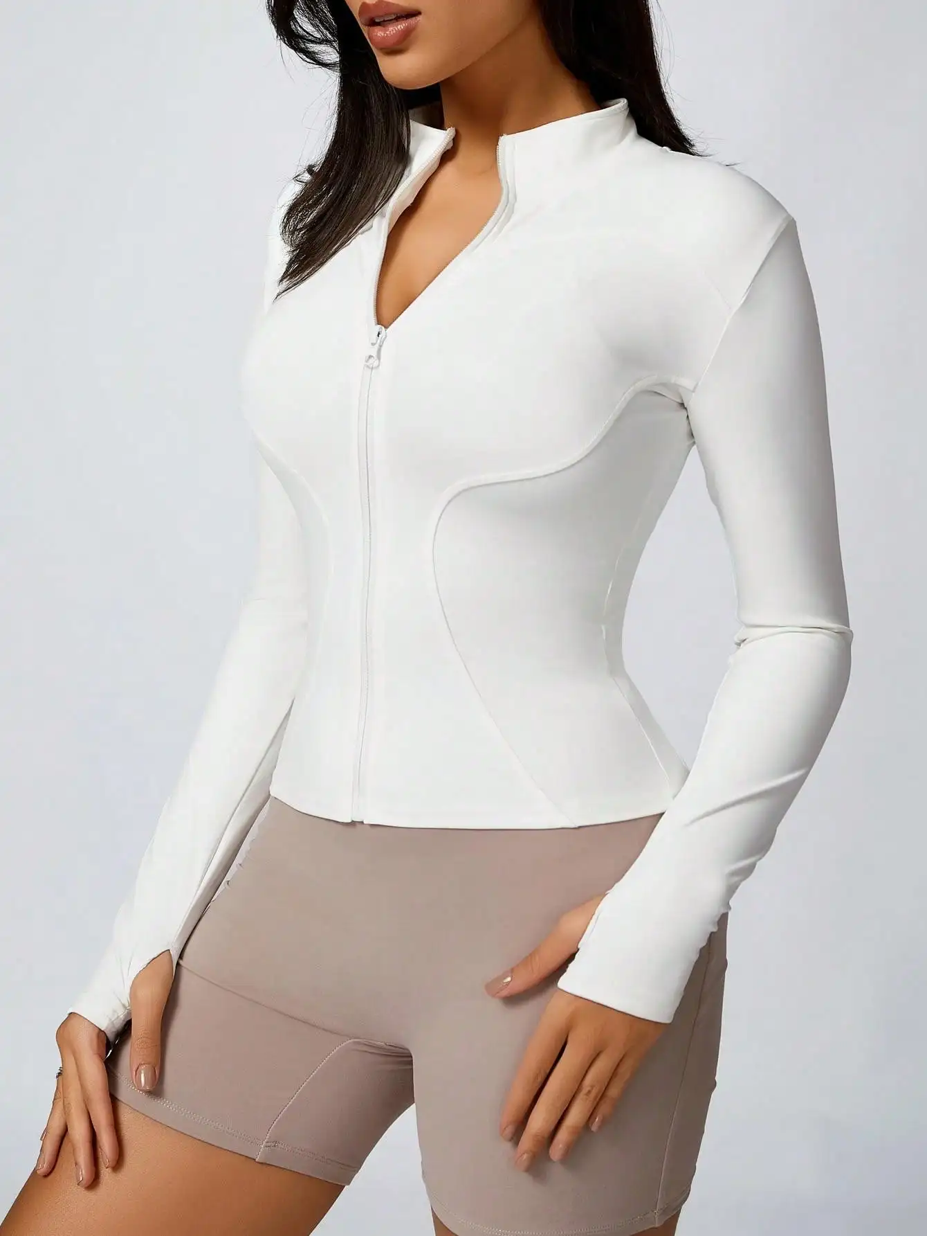 Chaqueta deportiva de cuello alto con cremallera de color sólido para mujer, top deportivo de manga larga, ropa de gimnasio, ropa deportiva para interiores y exteriores