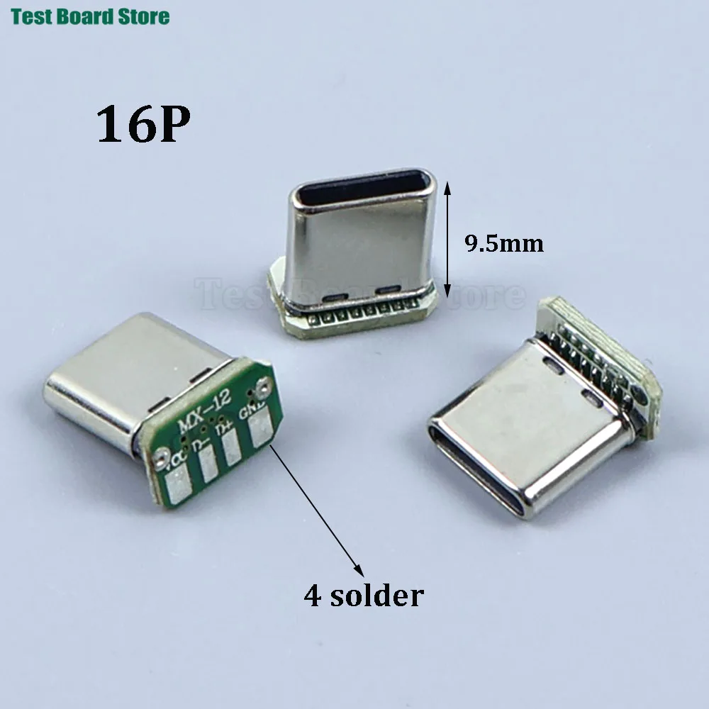 2/5/10PCS Conector USB Tipo-C Macho de 16 Pines Vertical para Carga y Datos con Placa PCB de Soldadura 2/3/4/5/6, Cabeza Macho USB C de 16 Pines