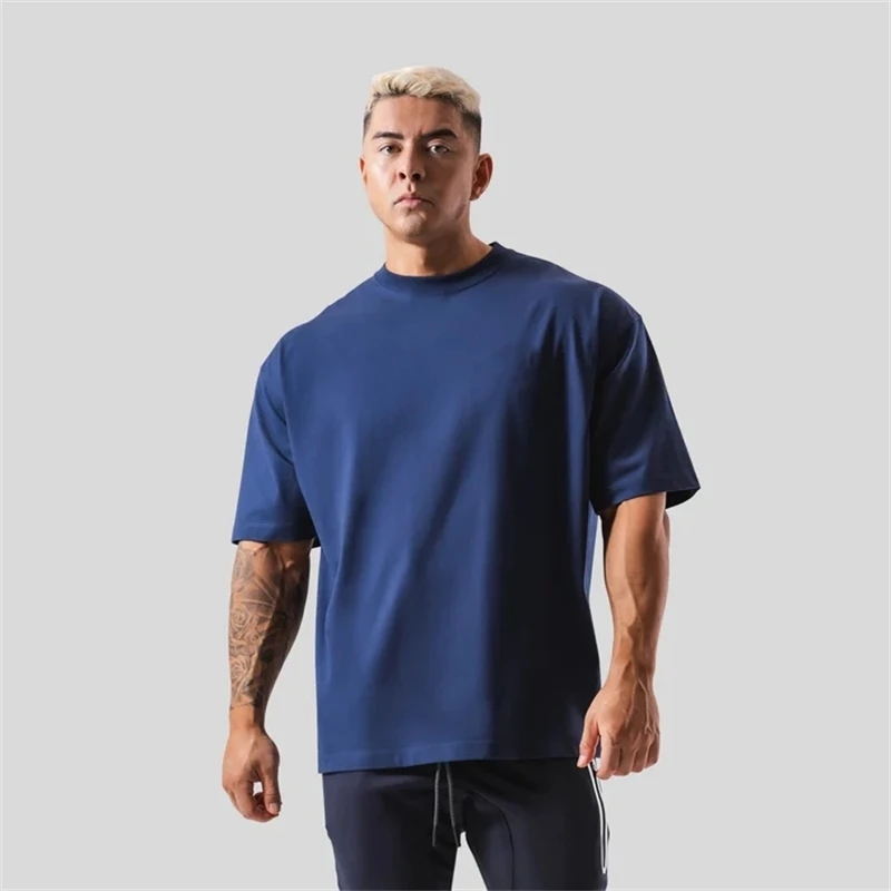 Camiseta lisa de M-5XL de 230G, 100% de algodón para gimnasio, deporte, Fitness, holgada, de talla grande, para correr, camisetas de entrenamiento para hombre