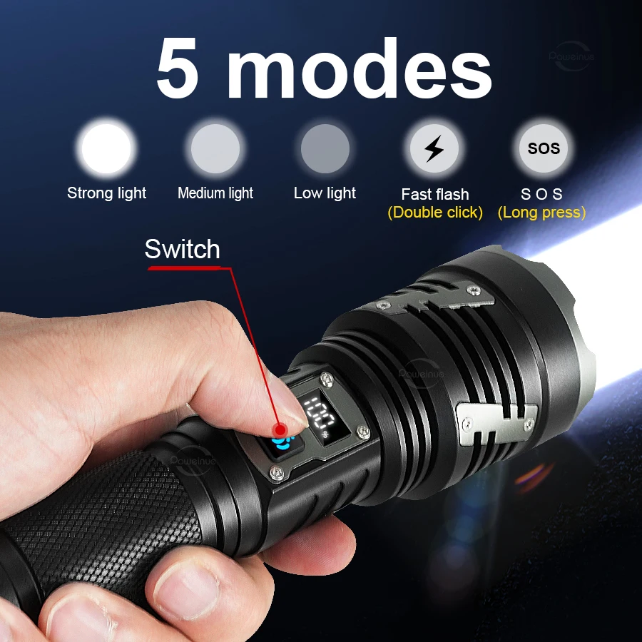 Linterna LED más potente XHP360, lámpara recargable por USB 26650, linterna Ultra potente, linterna táctica, antorcha de Camping