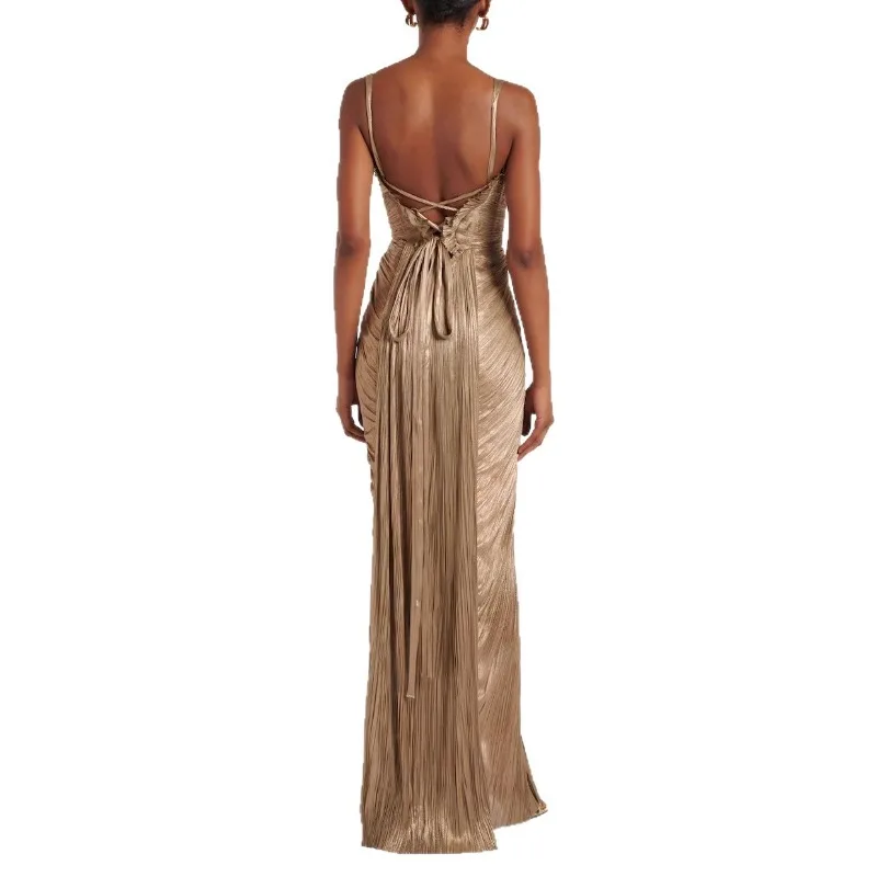 Nuevo Vestido Largo Dorado Sexy con Cuello en V para Mujer, Elegante Vestido de Cintura Alta con Cordones, Drapeado, Delgado, con Tirantes, Sin Mangas, Espalda Descubierta, para Fiesta