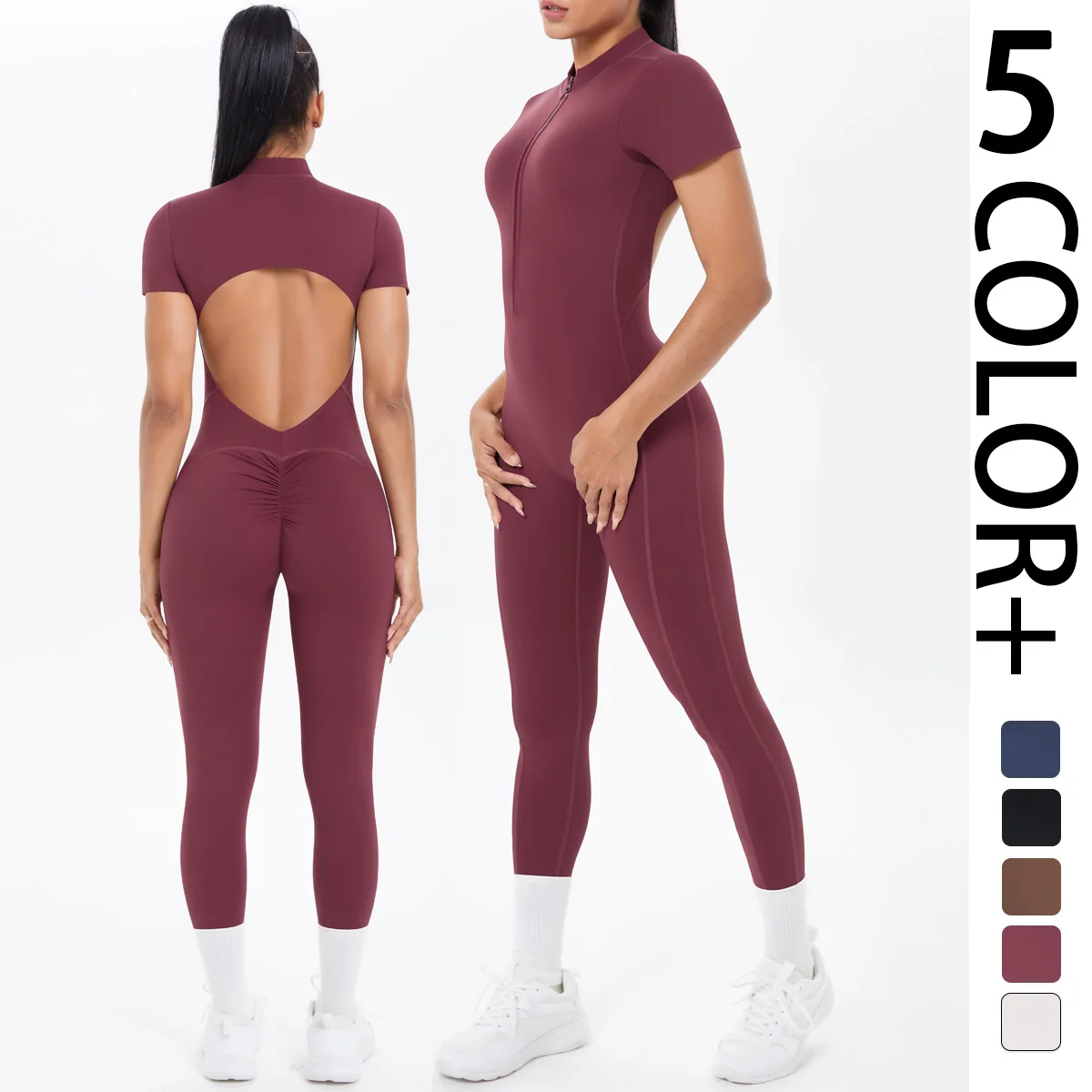 Mono deportivo de manga corta para mujer, monos con espalda descubierta de Color sólido, traje de una pieza con media cremallera, conjuntos de Yoga para gimnasio para mujer