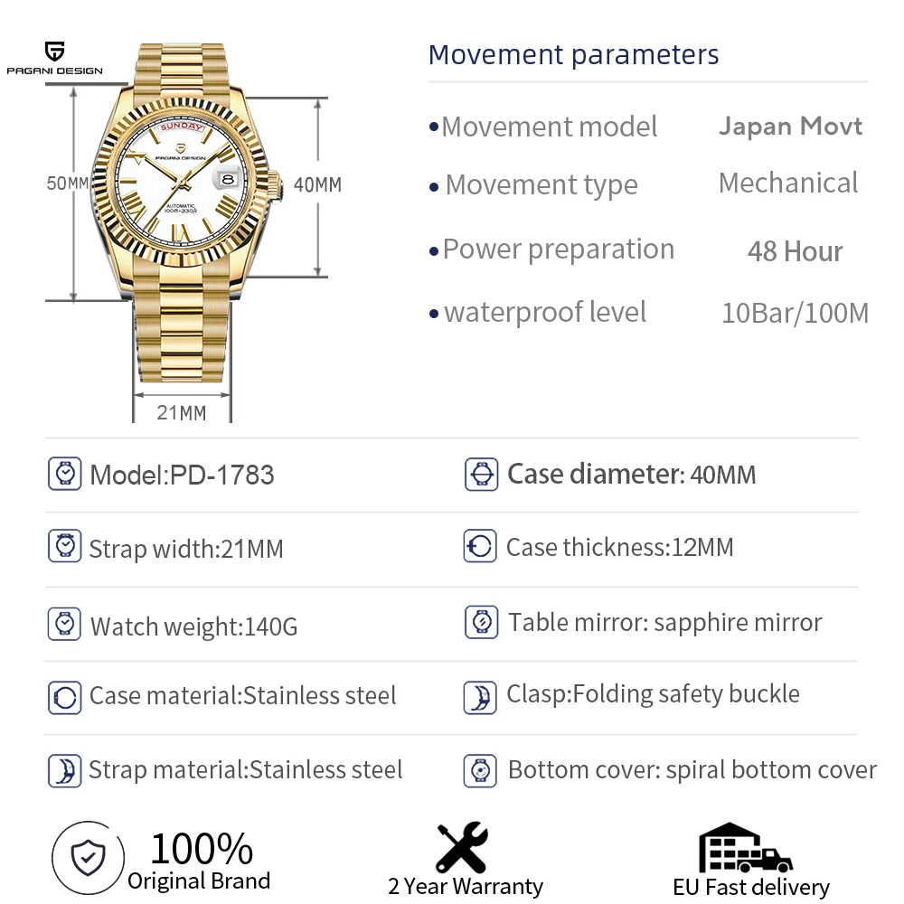 Relojes PAGANI DESIGN para Hombre DD40, Reloj Automático de Lujo Dorado y Blanco, Relojes Mecánicos para Hombre con Fecha y Día de la Semana, Movimiento Japonés, Novedad 2026