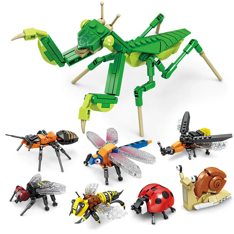 Bloques de construcción creativos, modelo de insecto, abeja, libélula, hormiga, Mantis, juguetes ensamblados para niños, adornos de animales interesantes, regalos