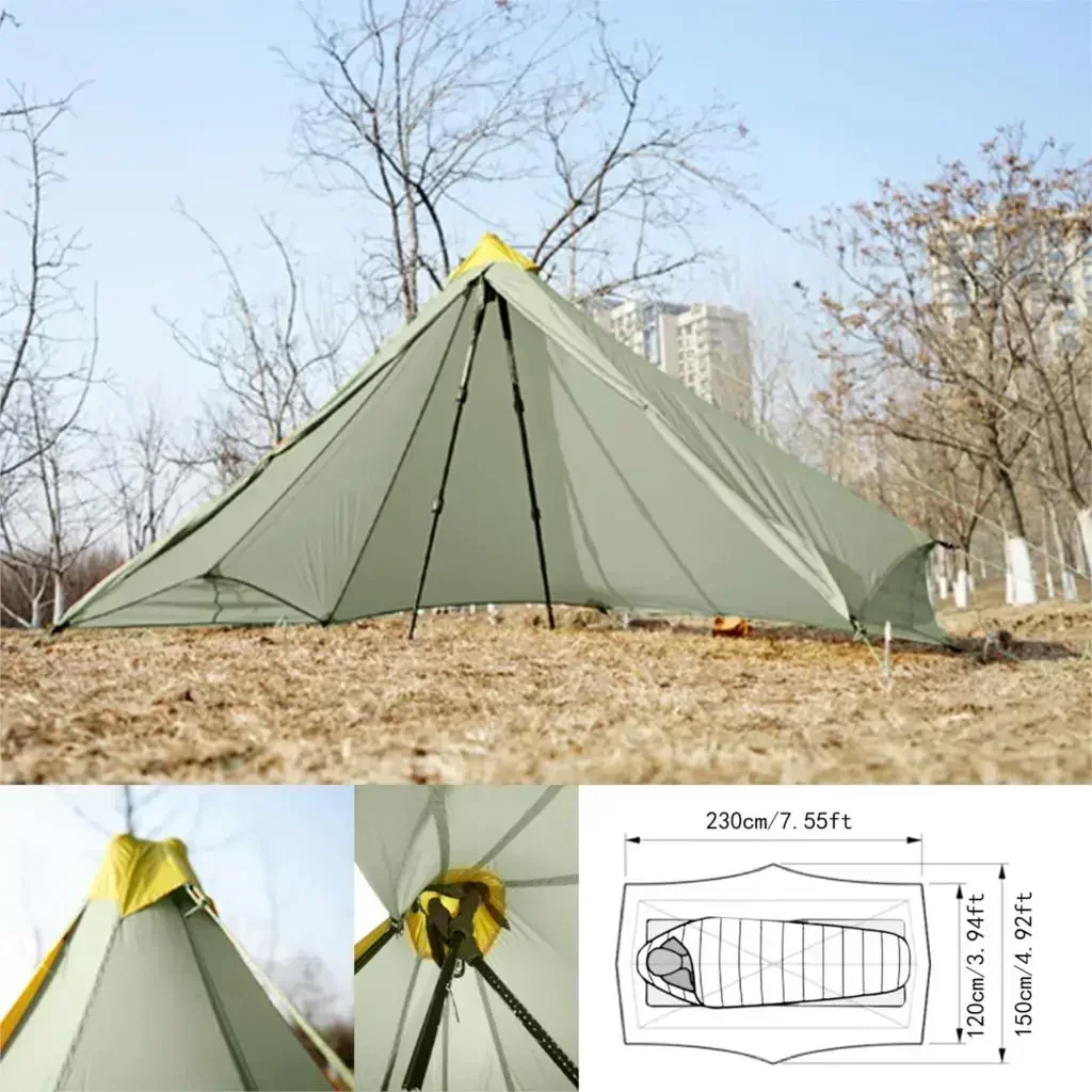 1 persona, 4 estaciones, ultraligero, nailon 20D, pirámide sin vástago recubierta de silicona de ambos lados, hoja plana de 410g o tienda interior de malla de verano de 230-260g