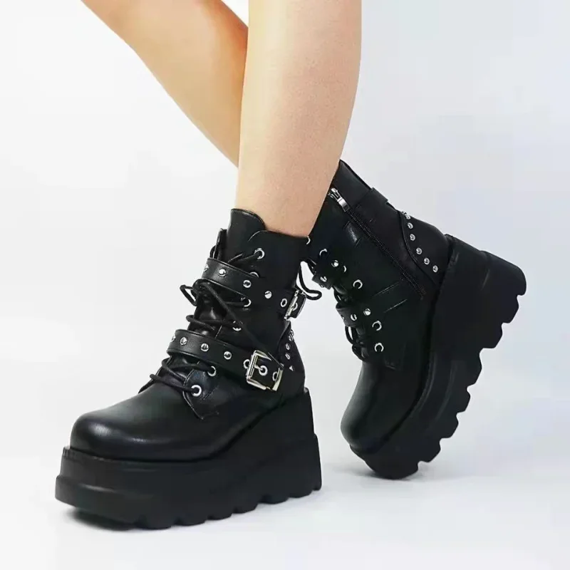 Nuevos botines de cuero Pu para mujer, Otoño Invierno, punta redonda, zapatos con cordones, Botas de plataforma para motocicleta para mujer, zapatos góticos