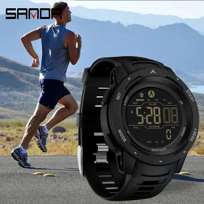 Reloj deportivo SANDA 2145 para hombre, podómetro y contador de calorías, reloj de pulsera militar digital LED resistente al agua hasta 50M, reloj masculino