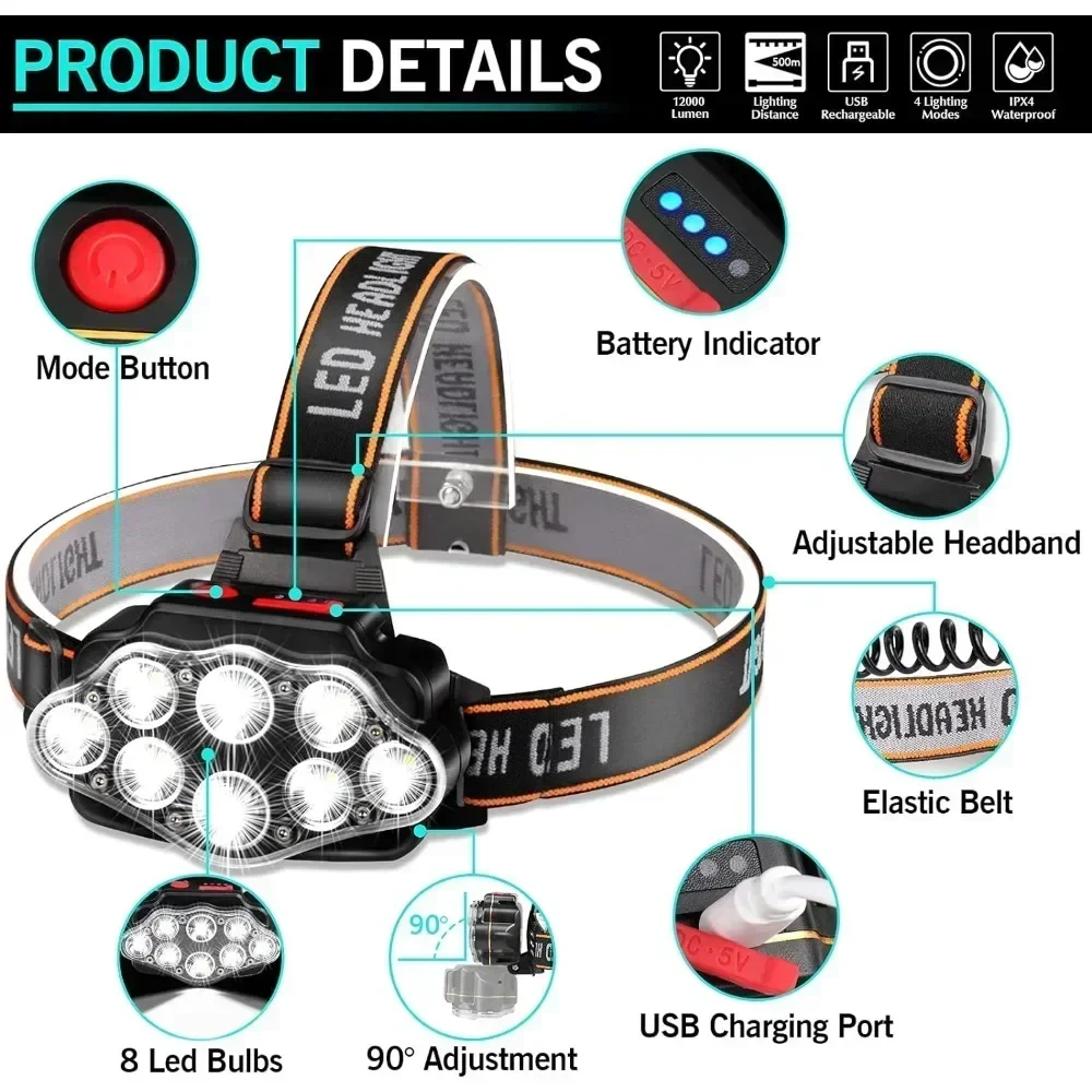 Potente linterna de cabeza recargable de 8LED para pesca, faro Led, faros de Camping, linterna de caza, linternas delanteras para senderismo