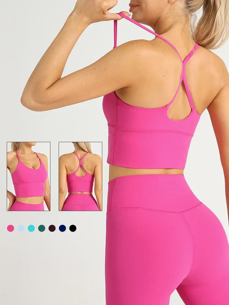 Color sólido mujeres gimnasio Yoga sensación desnuda Sexy espalda cruzada Y forma Sujetador deportivo Fitness Yoga trotar entrenamiento deportes mujeres Sling