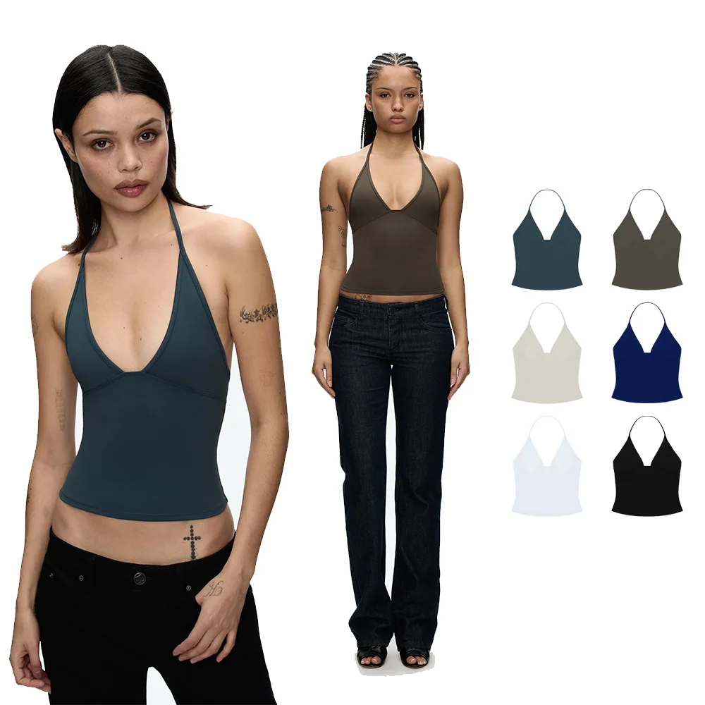 Camisola con cuello halter y escote en V profundo, top corto ajustado, top sin espalda ajustado que realza la cintura, prenda exterior versátil, camiseta básica de color liso para un look atrevido