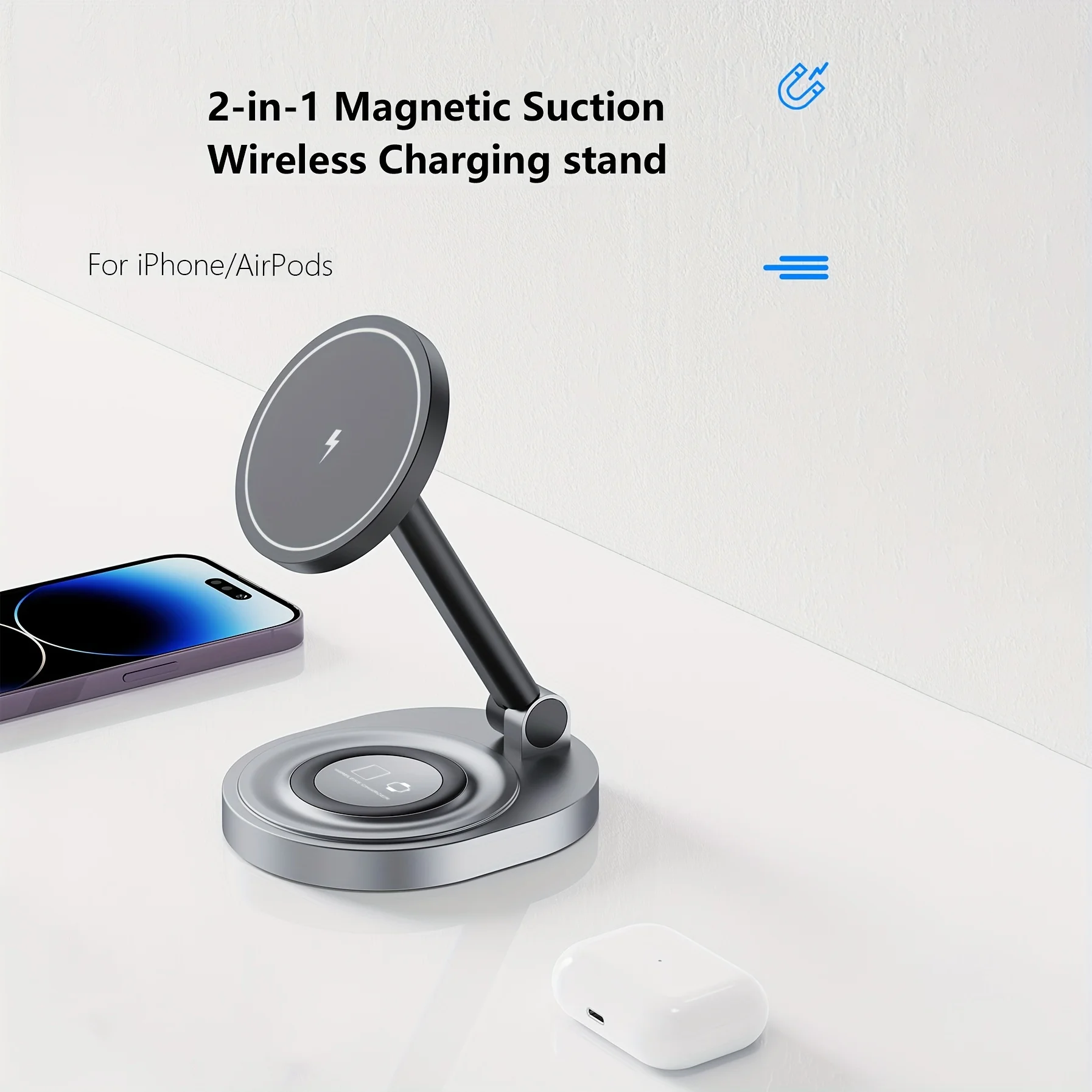 Cargador inalámbrico magnético 2 en 1, base de carga rápida para iPhone 15, 14, 13, 12, 11 Pro Max, 11, X, Apple Watch, Airpods