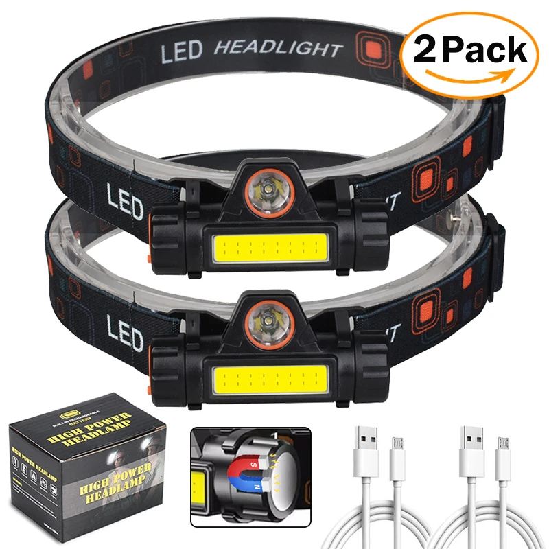 Paquete de 1/2 linterna frontal LED COB recargable, potente linterna frontal magnética superbrillante resistente al agua para pesca al aire libre