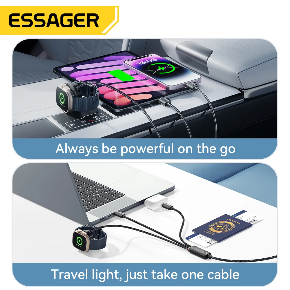 Essager Cable de carga USB C 3 en 1 de 100W para Apple iWatch iPhone 16/15/14/13 Pro con Cable de carga rápida Lightning tipo C