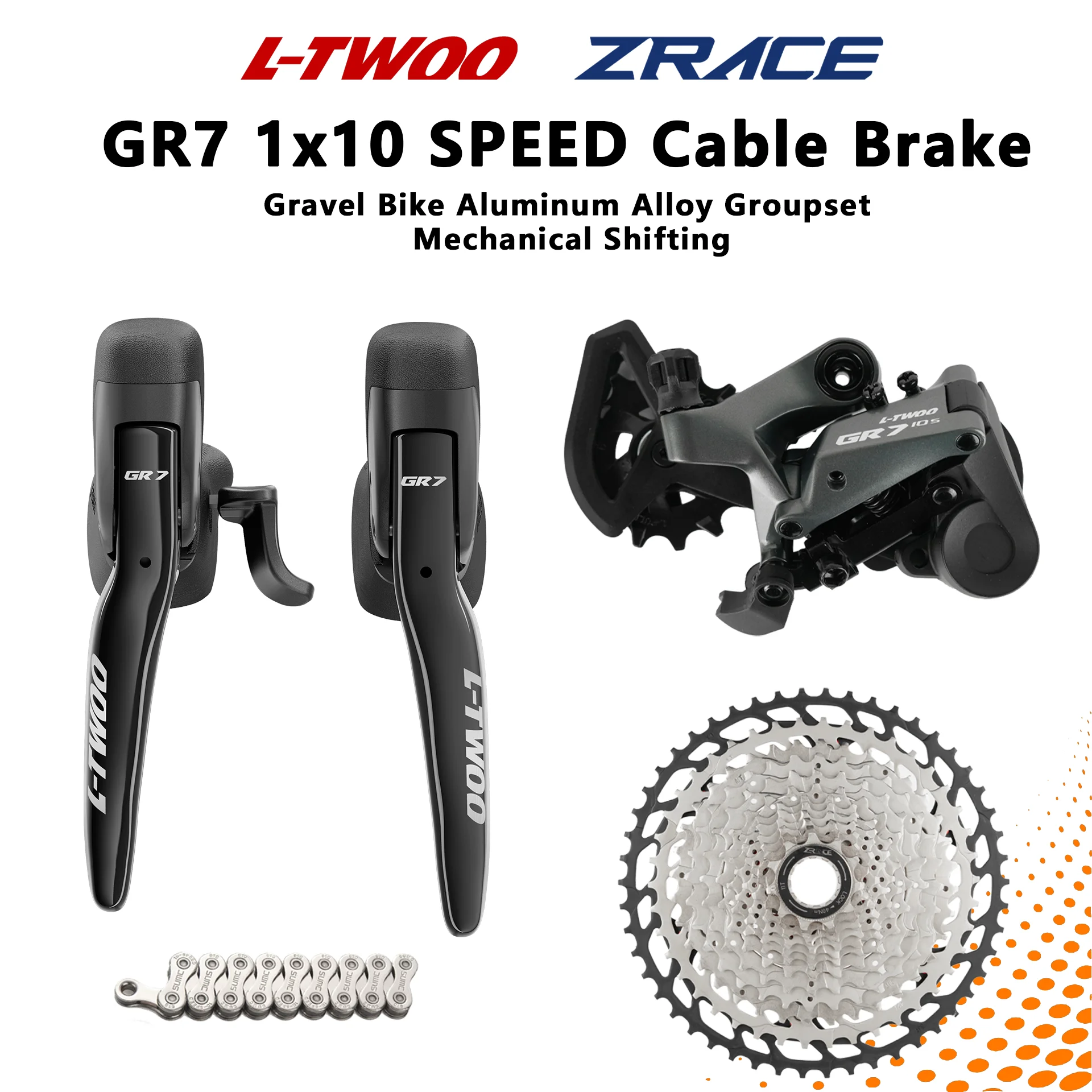 Grupo de Transmisión LTWOO GR7 1x10 Velocidades para Bicicleta de Gravel, Freno Mecánico por Cable, Palanca de Cambios Izquierda y Derecha, Desviador Trasero, Cassette ZRACE, Cadena