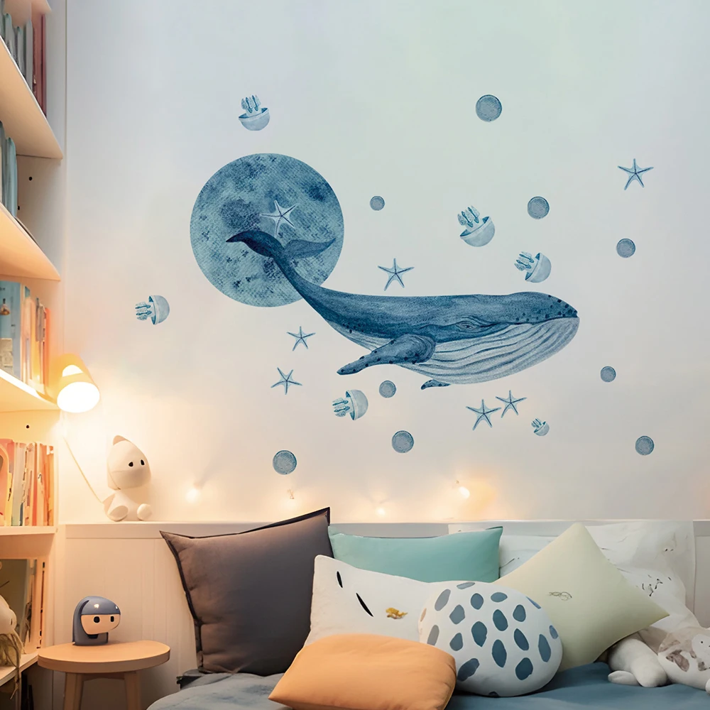Calcomanías de pared de ballenas de acuarela grandes, pegatina de pared de animales de Medusa del océano, calcomanías temáticas bajo el mar, decoración para habitación de niños y guardería
