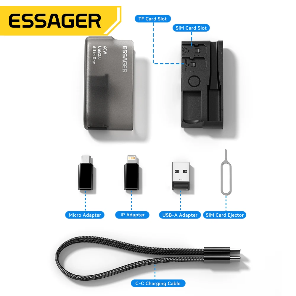 Cable de Datos USB Tipo C Multifuncional Essager PD 60W con Carga Rápida para iPhone 17 16 15, Caja de Almacenamiento con Soporte, Caja de Viaje
