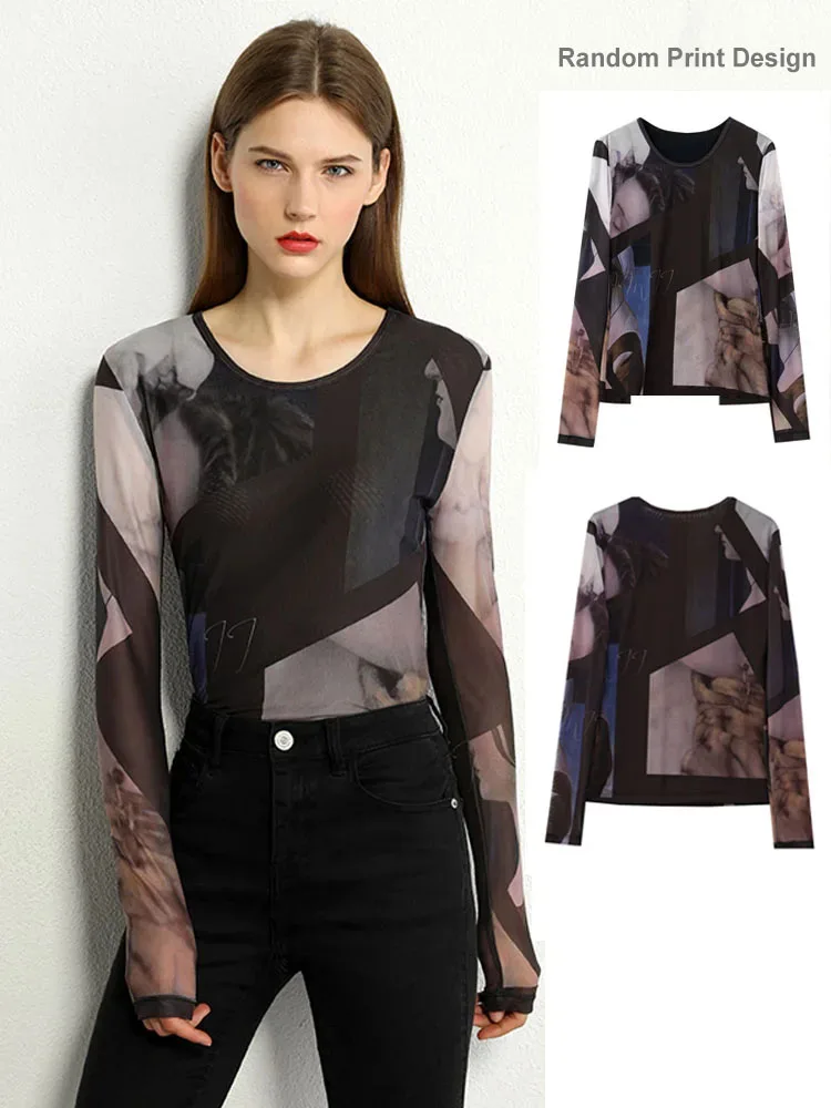 Camisetas de manga larga minimalistas AMII para mujer, novedad de otoño 2026, camiseta interior con estampado de malla, tops ajustados de moda 12421003