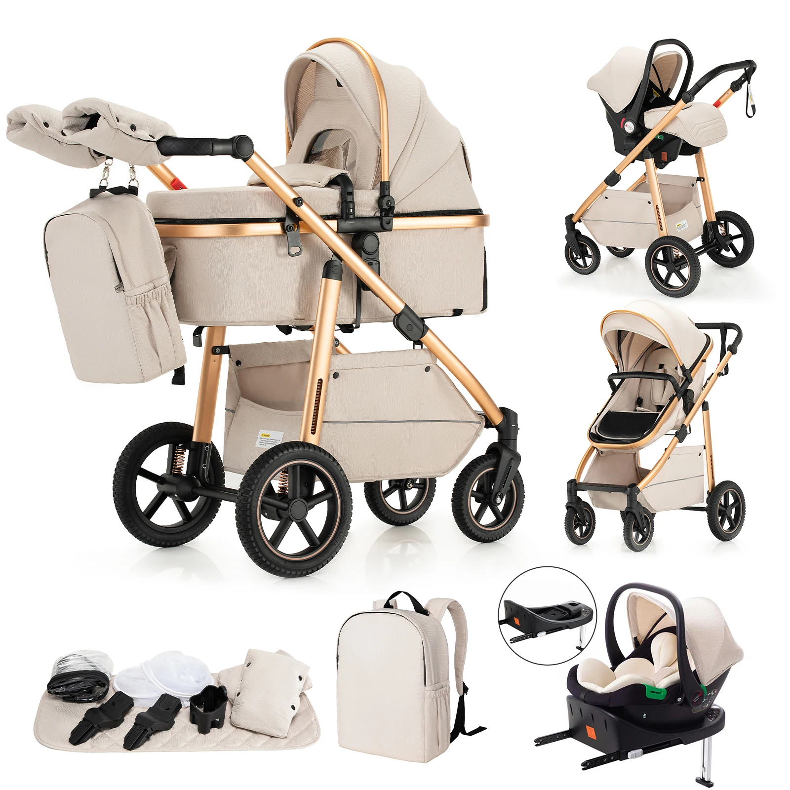 Cochecito de Bebé 3 en 1 de Lujo, con Marco de Aluminio, Plegable, Multifuncional, con Asiento Reclinable para Recién Nacidos