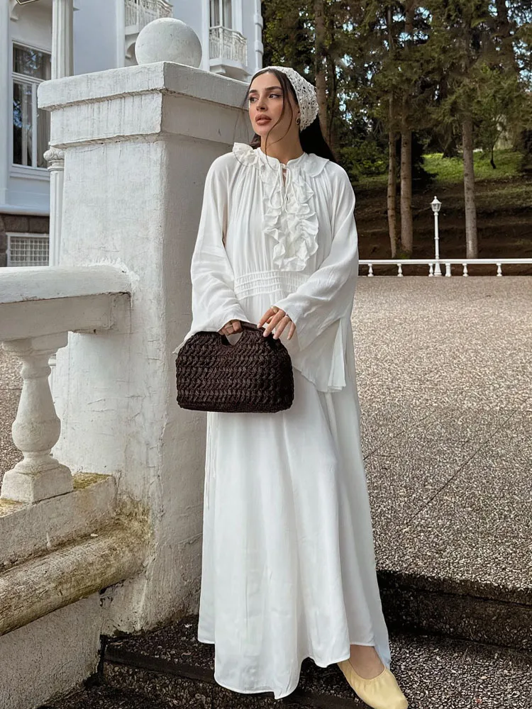 HH-vestidos de moda para mujer, vestido largo blanco con cuello en V, mangas largas, borde con volantes, decoración con cordones, estilo playero de verano