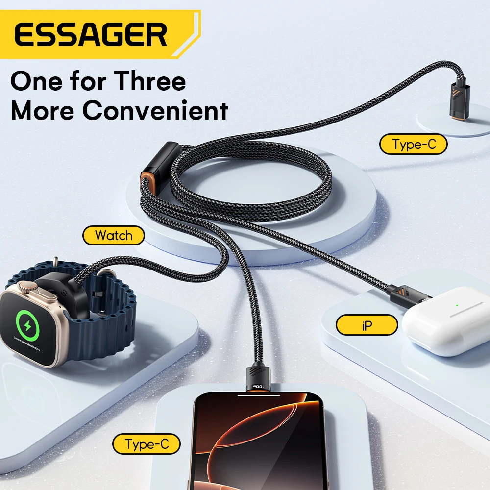 Essager Cable de carga USB C 3 en 1 de 100W para Apple iWatch iPhone 16/15/14/13 Pro con Cable de carga rápida Lightning tipo C