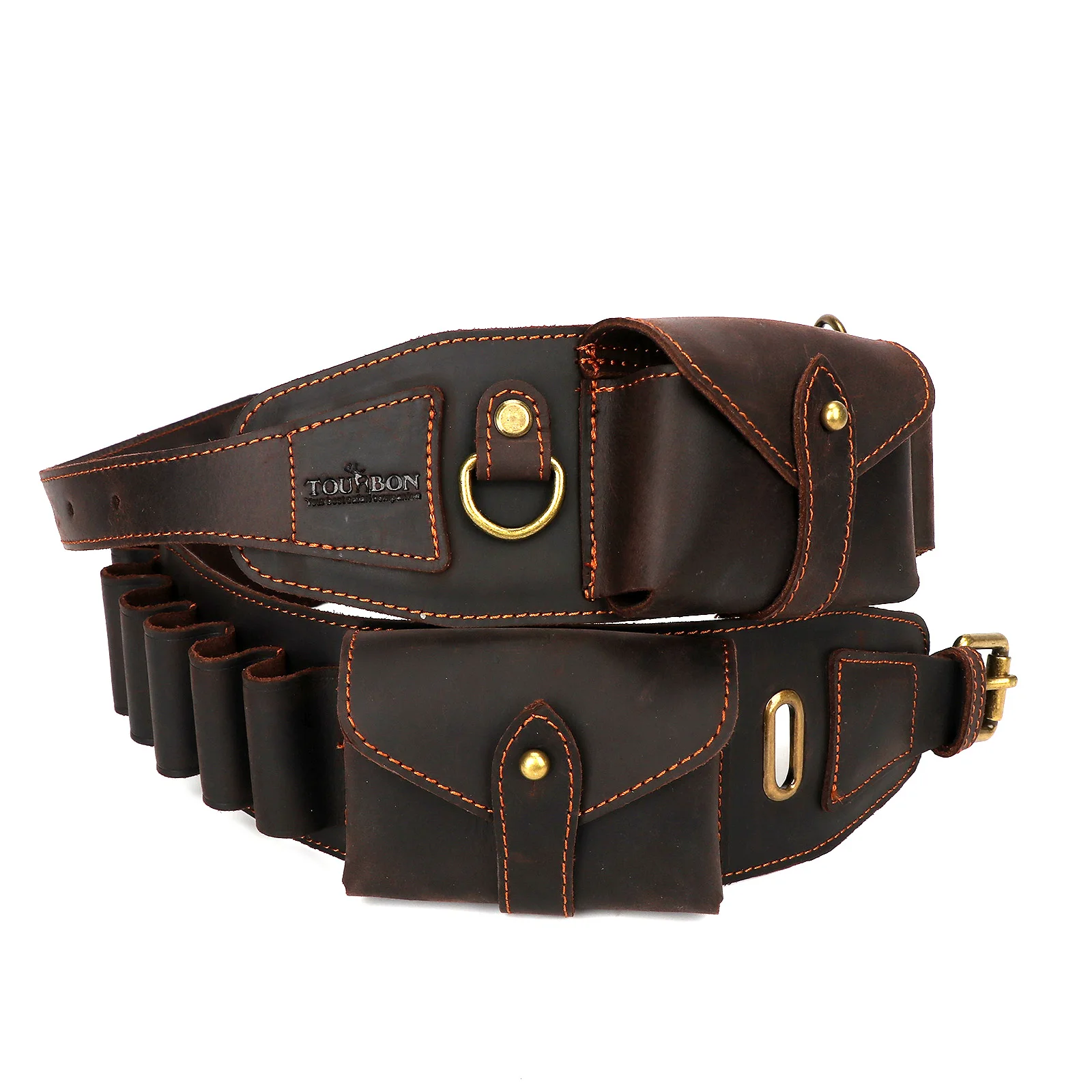 Tourbon-accesorios de caza, cartuchos de bandolera para pistola de calibre 12, cinturón, soporte para munición de cuero genuino marrón con bolsillo