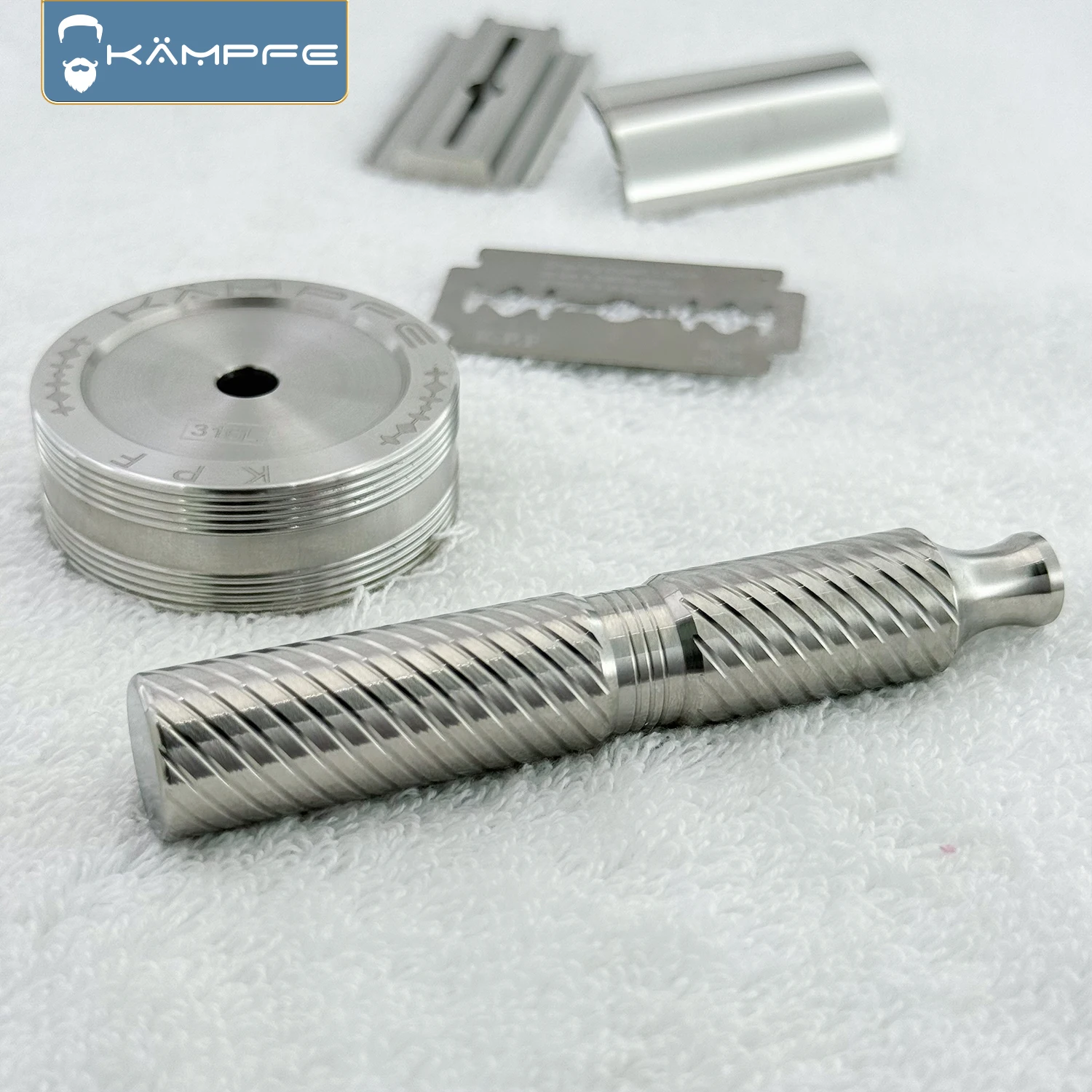 Componentes de afeitadora de seguridad manual CNC para hombre con mango de maquinilla de afeitar antideslizante de titanio pulido KAMPFE
