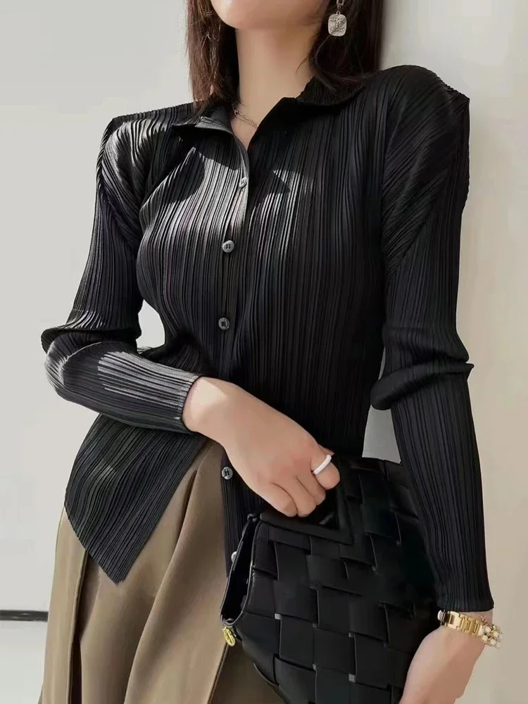 Camisa de mujer Miyake, camisa de manga larga con solapa plisada, camisa informal versátil holgada de talla grande, cárdigan plisado, Tops, novedad de otoño 2024