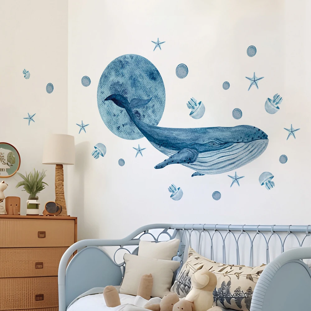 Calcomanías de pared de ballenas de acuarela grandes, pegatina de pared de animales de Medusa del océano, calcomanías temáticas bajo el mar, decoración para habitación de niños y guardería