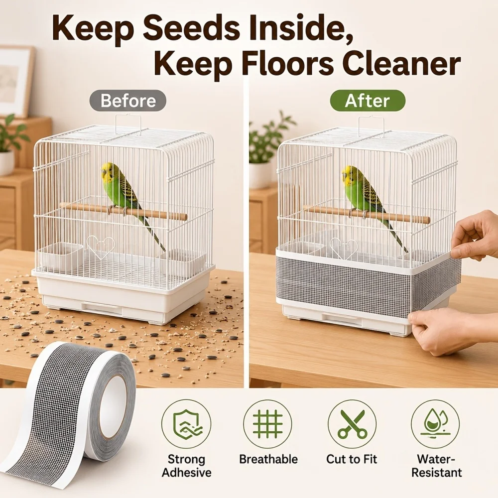 1 unidad de red de malla autoadhesiva y cortable para jaula de pájaros, protector transpirable antisalpicaduras, cubierta envolvente, accesorios para plumas de loros