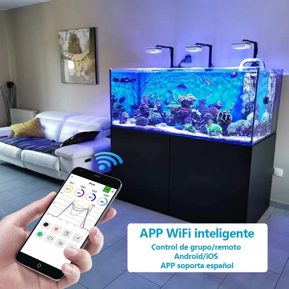 Nuevo PopBloom RL90 WiFi luz led acuario, Espectro completo led acuario marino, pantalla led acuario, luz acuario sps/lps coral, luz de acuario marino reef, iluminacion para acuario marino, Apoyo al español