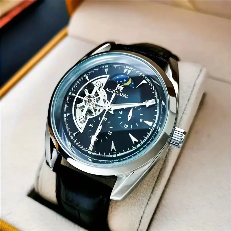Reloj mecánico automático de lujo para hombre, con un diseño hemisférico genial, el reloj para hombre más vendido, puntero de fase lunar, diseño esqueletizado, el mejor regalo para él, no requiere pilas
