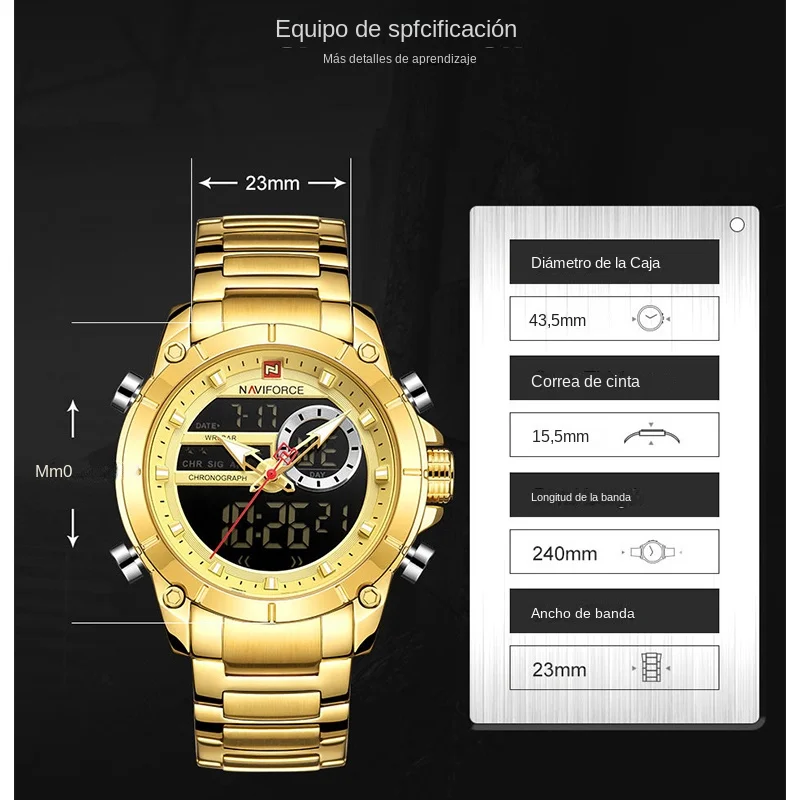 NAVIFORCE 9163 reloj de pulsera deportivo Original de lujo para hombres de cuarzo de acero resistente al agua con pantalla Dual relojes militares reloj Masculino