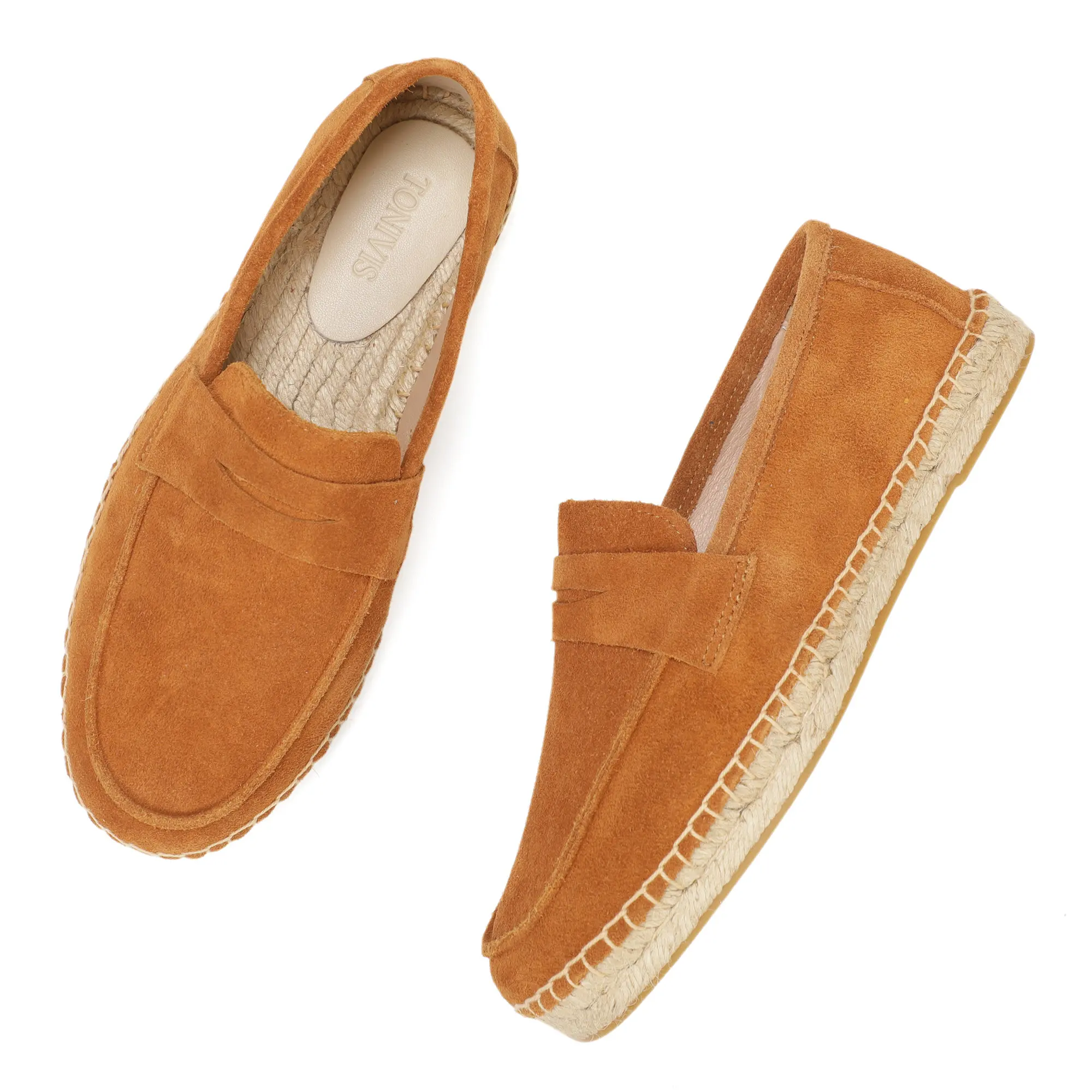 Alpargatas de yute para hombre Mocasines sin cordones Zapatos casuales de cuero de ante de vaca