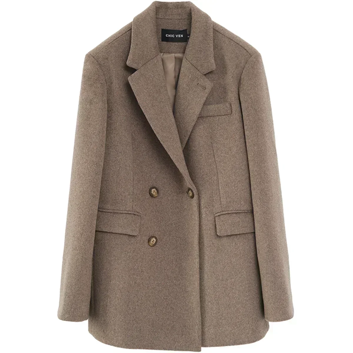 CHIC VEN-abrigo de mezcla de lana para mujer, Blazer de lana medio largo liso, blusa gruesa y cálida, abrigo para mujer, Tops de oficina para mujer, Otoño Invierno