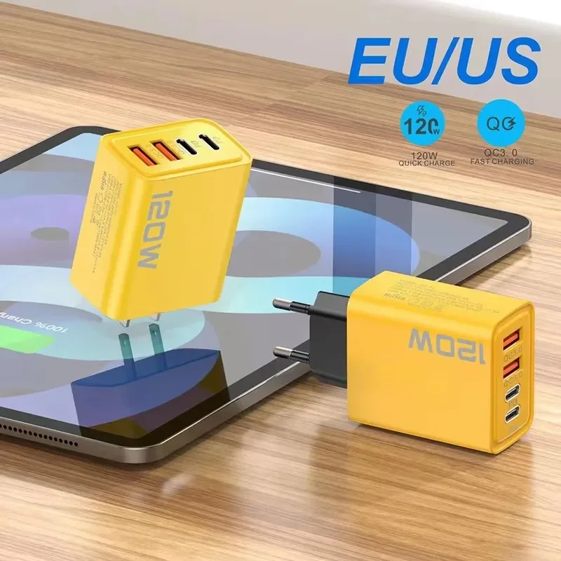 Cargador USB-C de 120W con 4 Puertos, Carga Rápida PD 3.0, Cargador de Teléfono Tipo-C, Adaptador de Carga Rápida para iPhone 17, 16, 15, Xiaomi, Samsung
